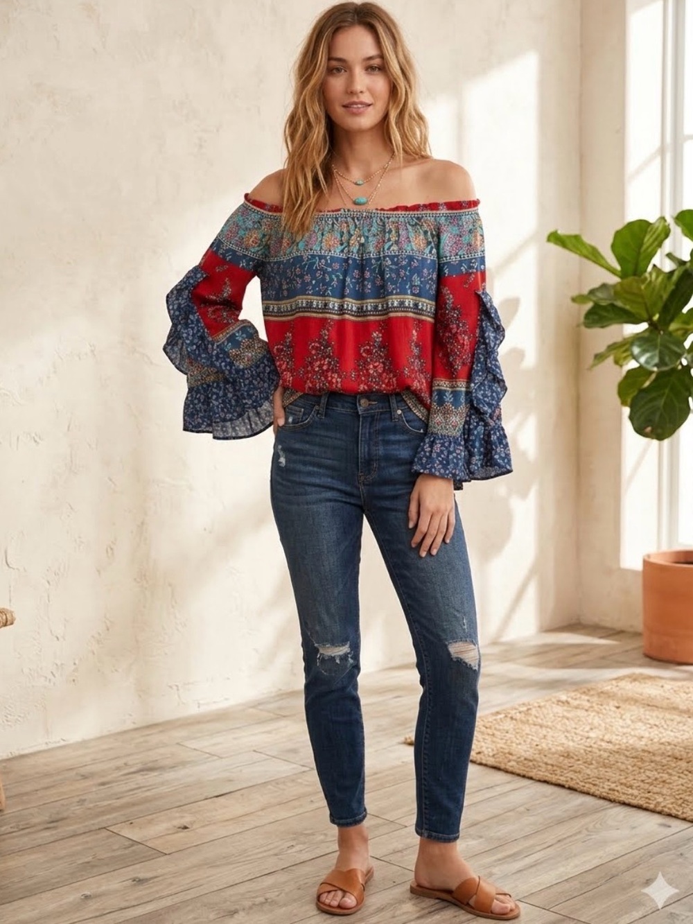 Colorful Blouse Top Boho Red Blue Floral Bell Sleeve